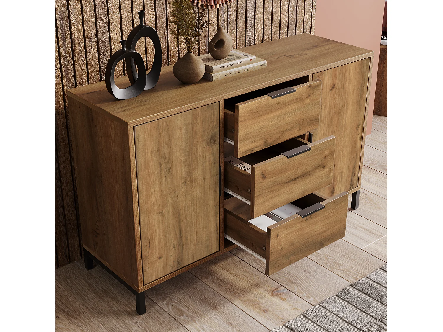 Cassettiera con 2 ante e 3 cassetti, 120 x 40 x 76 cm, Truciolare + metallo, Rovere scuro