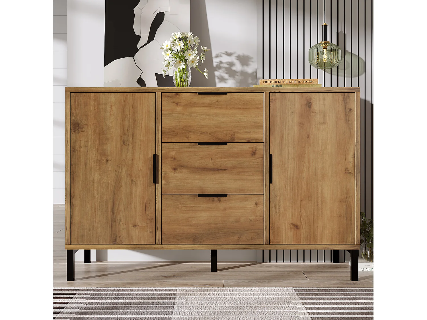 Ladekast met 2 deuren en 3 laden, 120 x 40 x 76 cm, spaanplaat + metaal, Donker eiken