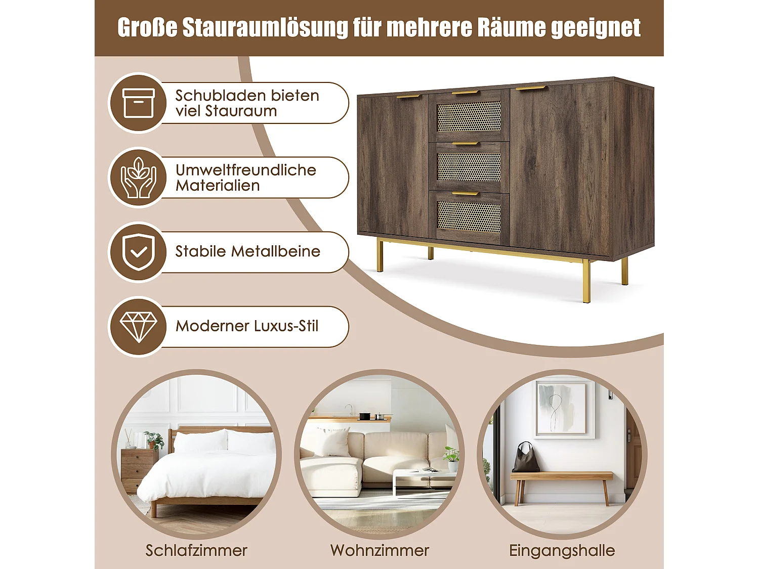 Commode avec 3 tiroirs et 2 portes, 120 x 40 x 76 cm, Panneaux de particules + métal, Marron foncé