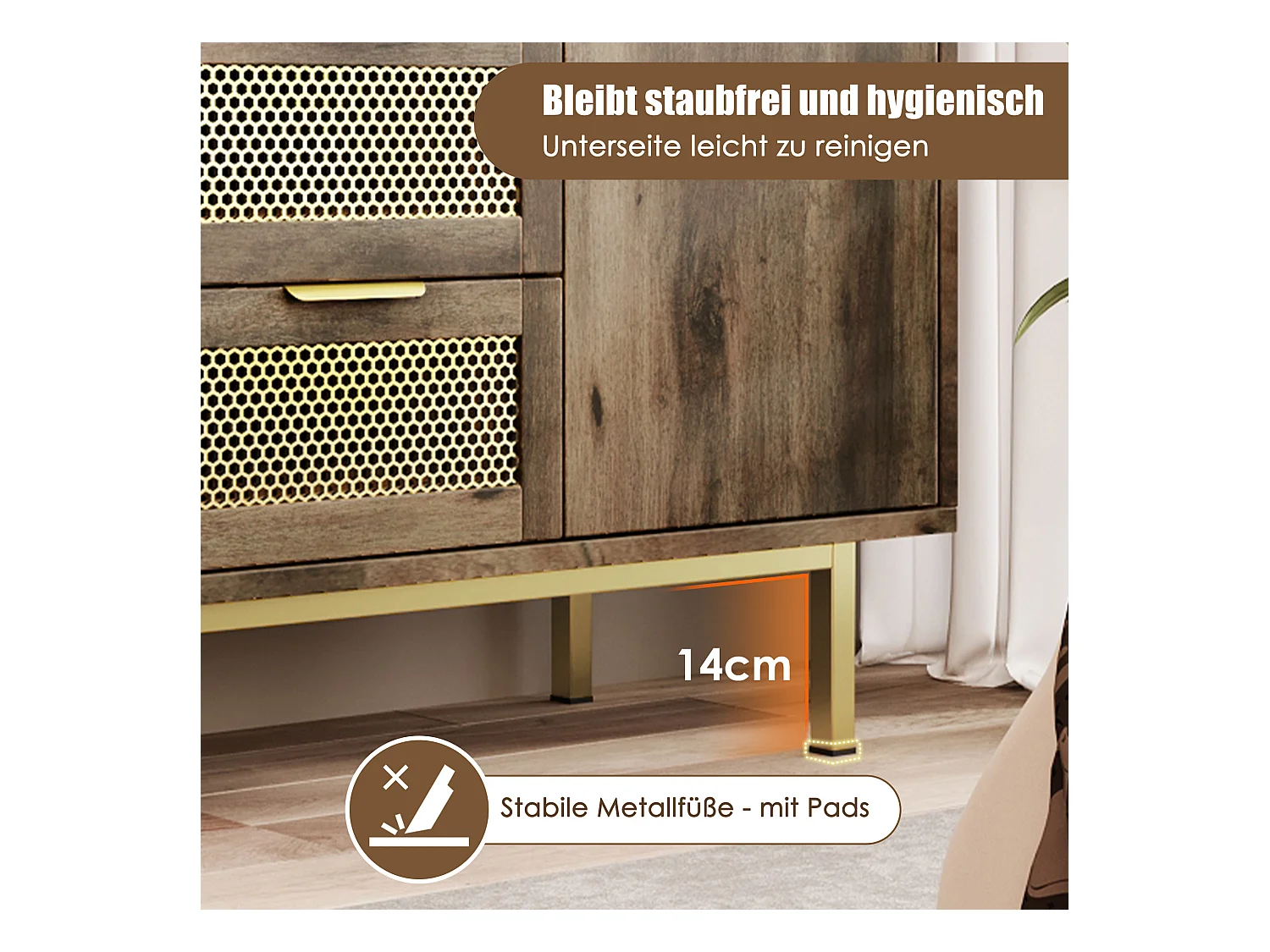 Commode avec 3 tiroirs et 2 portes, 120 x 40 x 76 cm, Panneaux de particules + métal, Marron foncé