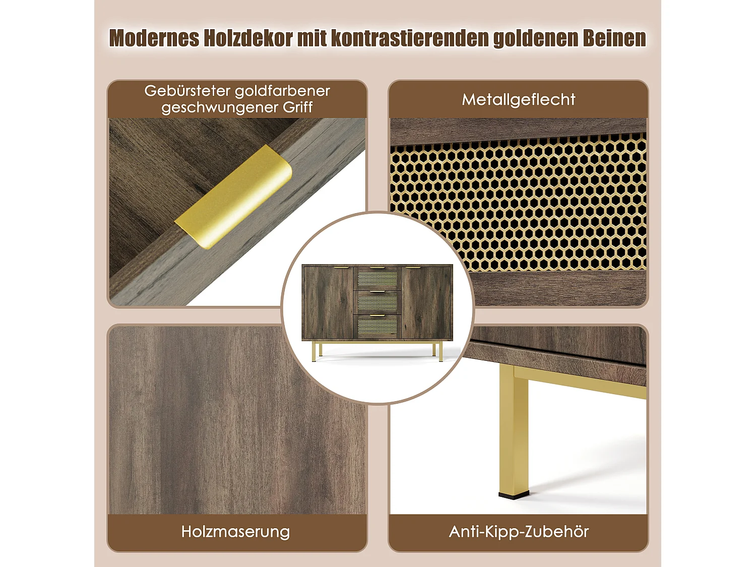 Commode avec 3 tiroirs et 2 portes, 120 x 40 x 76 cm, Panneaux de particules + métal, Marron foncé