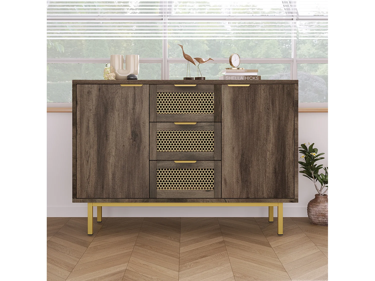 Commode avec 3 tiroirs et 2 portes, 120 x 40 x 76 cm, Panneaux de particules + métal, Marron foncé