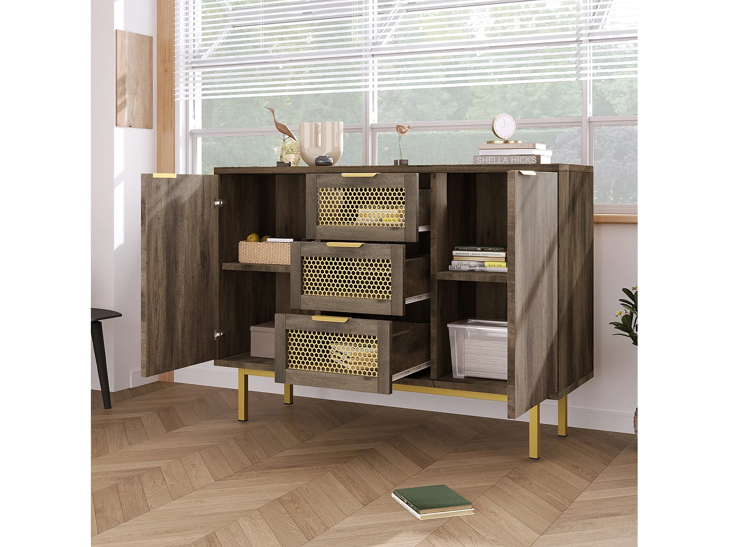 Commode avec 3 tiroirs et 2 portes, 120 x 40 x 76 cm, Panneaux de particules + métal, Marron foncé