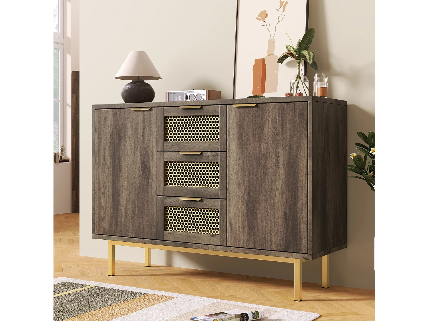 Commode avec 3 tiroirs et 2 portes, 120 x 40 x 76 cm, Panneaux de particules + métal, Marron foncé