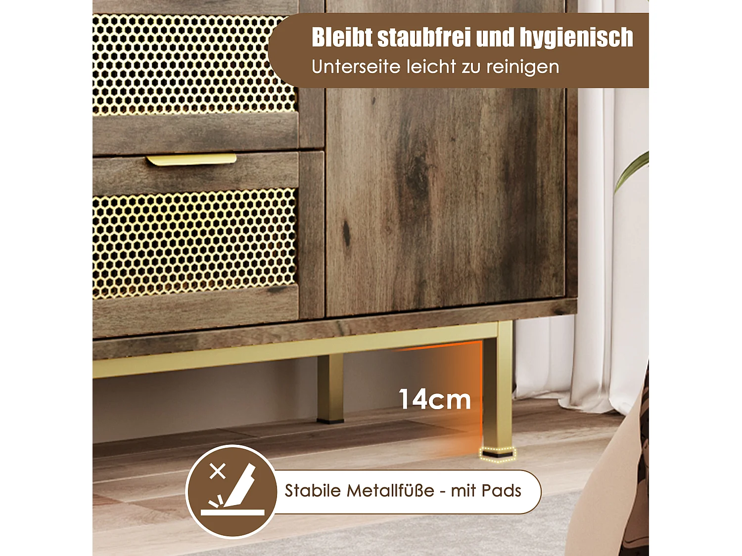 Commode avec 3 tiroirs et 2 portes, 120 x 40 x 76 cm, Panneaux de particules + métal, Marron foncé