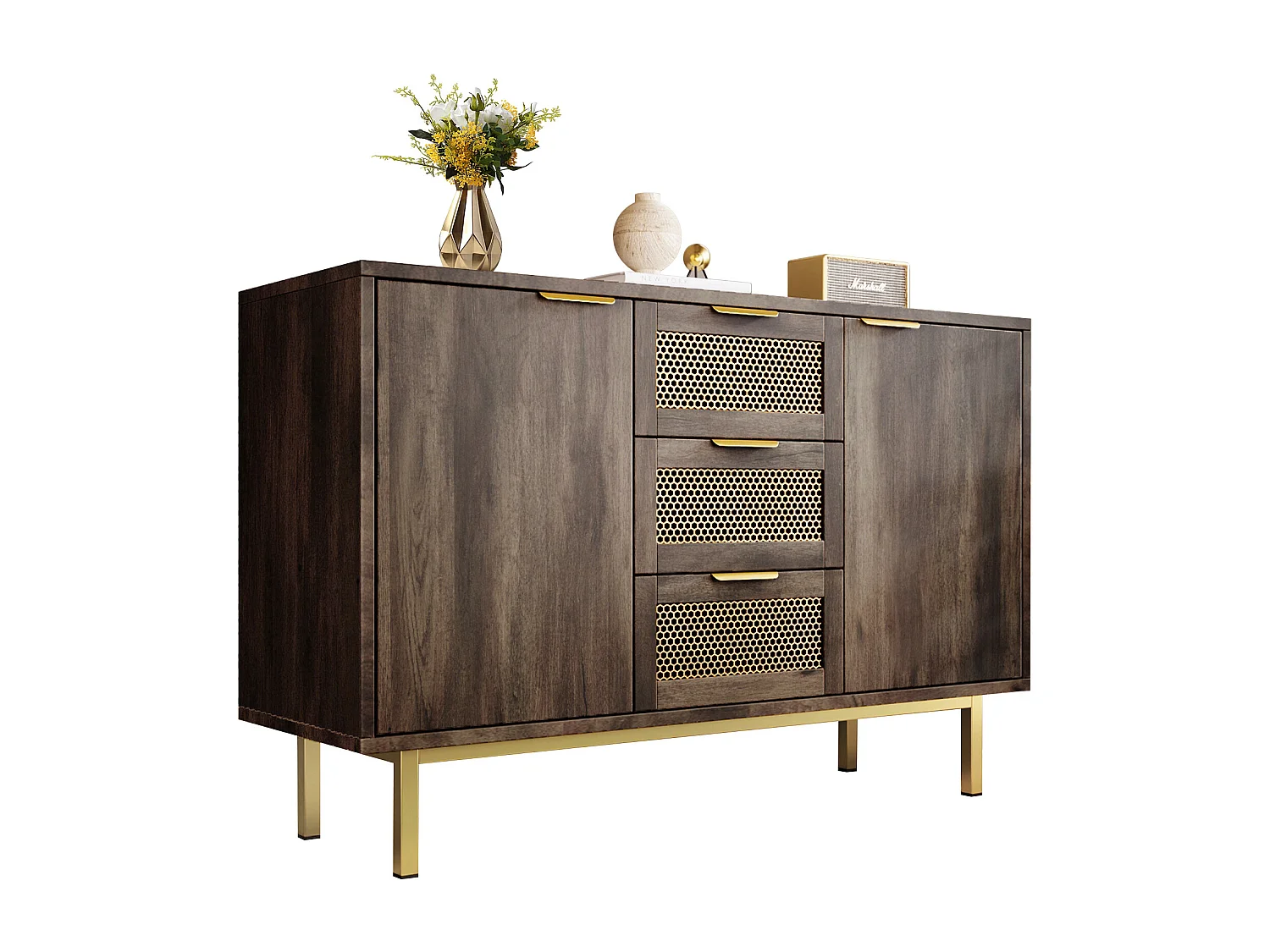 Commode avec 3 tiroirs et 2 portes, 120 x 40 x 76 cm, Panneaux de particules + métal, Marron foncé