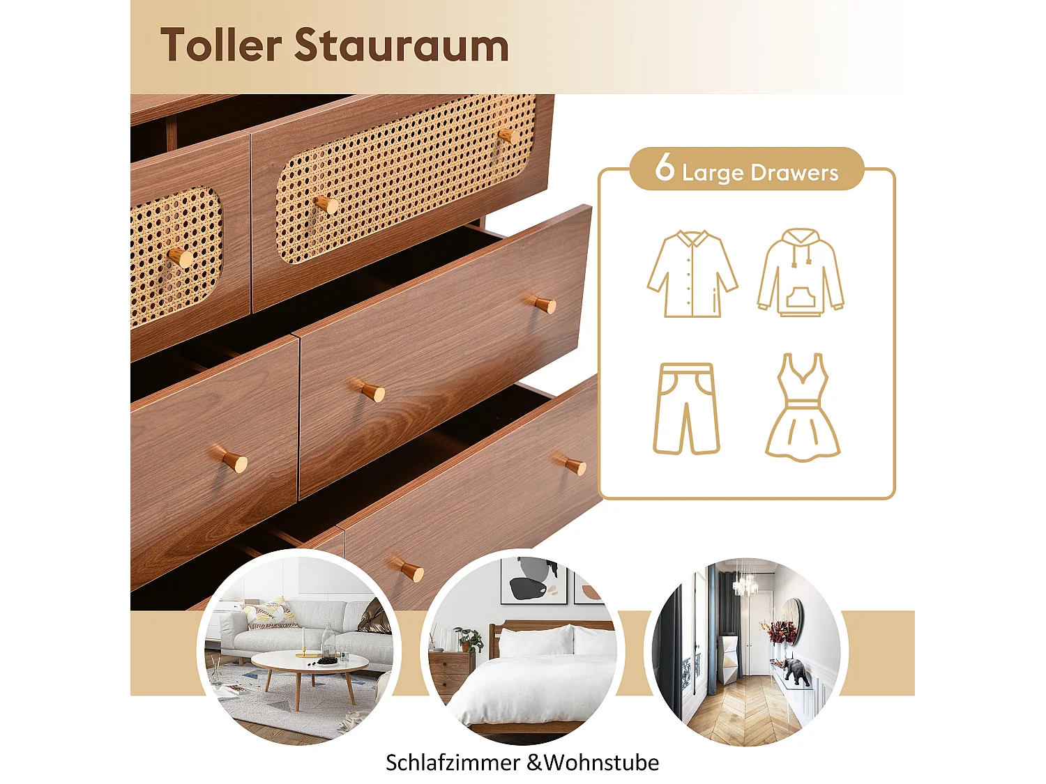 Cómoda con 6 cajones, aparador, Tablero de partículas + metal + MDF, nogal -H90/L120/D40 cm