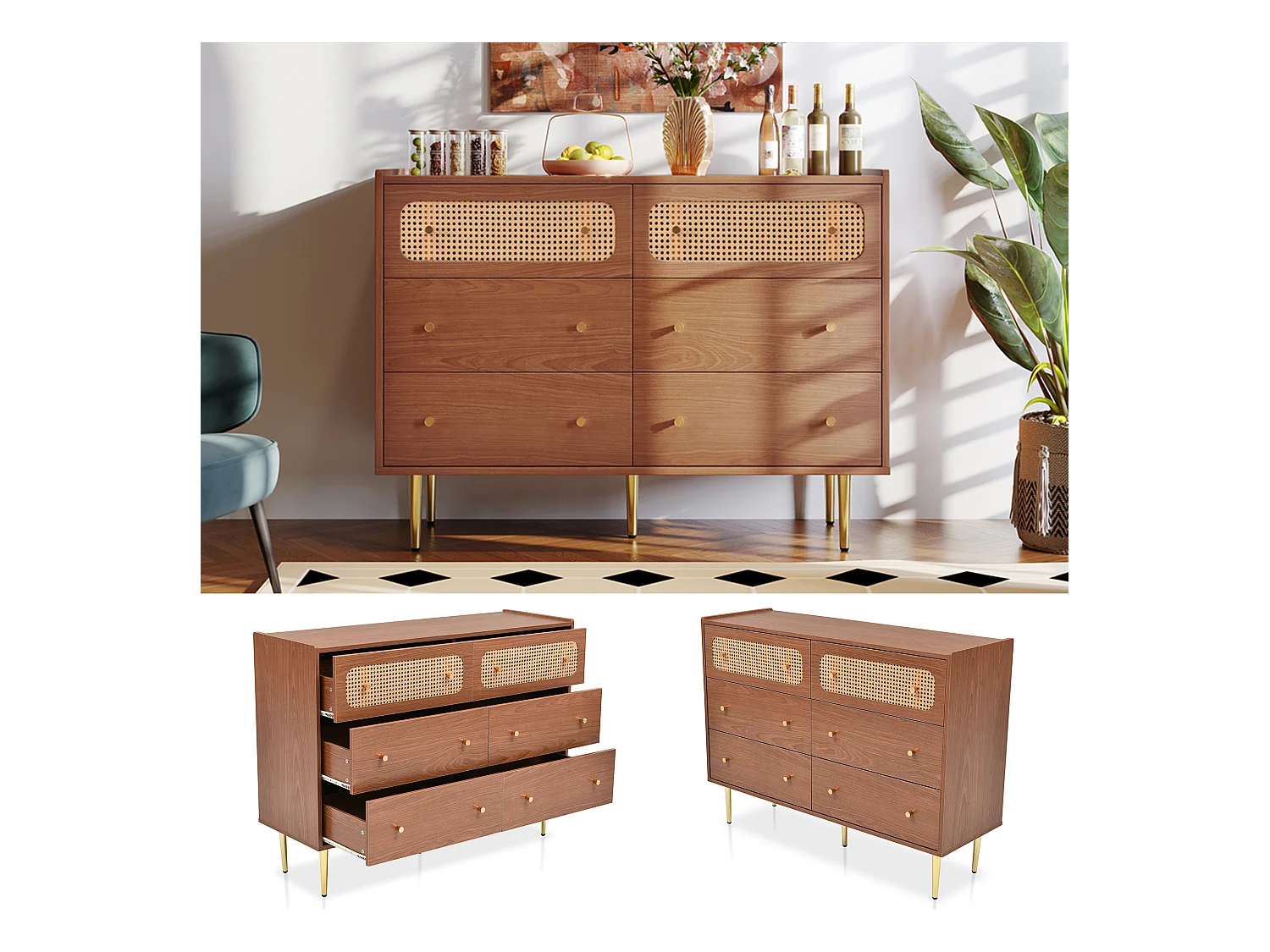 Commode avec 6 tiroirs, buffet, Panneaux de particules + métal + MDF, noyer -H90/L120/P40 cm
