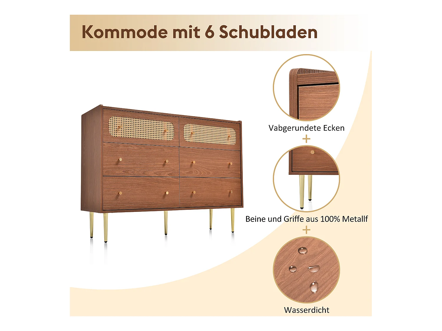 Ladekast met 6 laden, dressoir, spaanplaat + metaal + MDF, walnoot -H90/L120/D40 cm