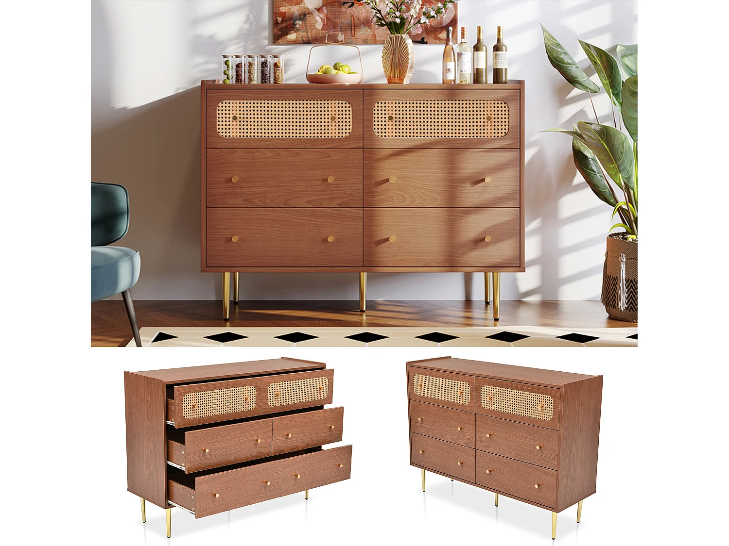 Commode avec 6 tiroirs, buffet, Panneaux de particules + métal + MDF, noyer -H90/L120/P40 cm