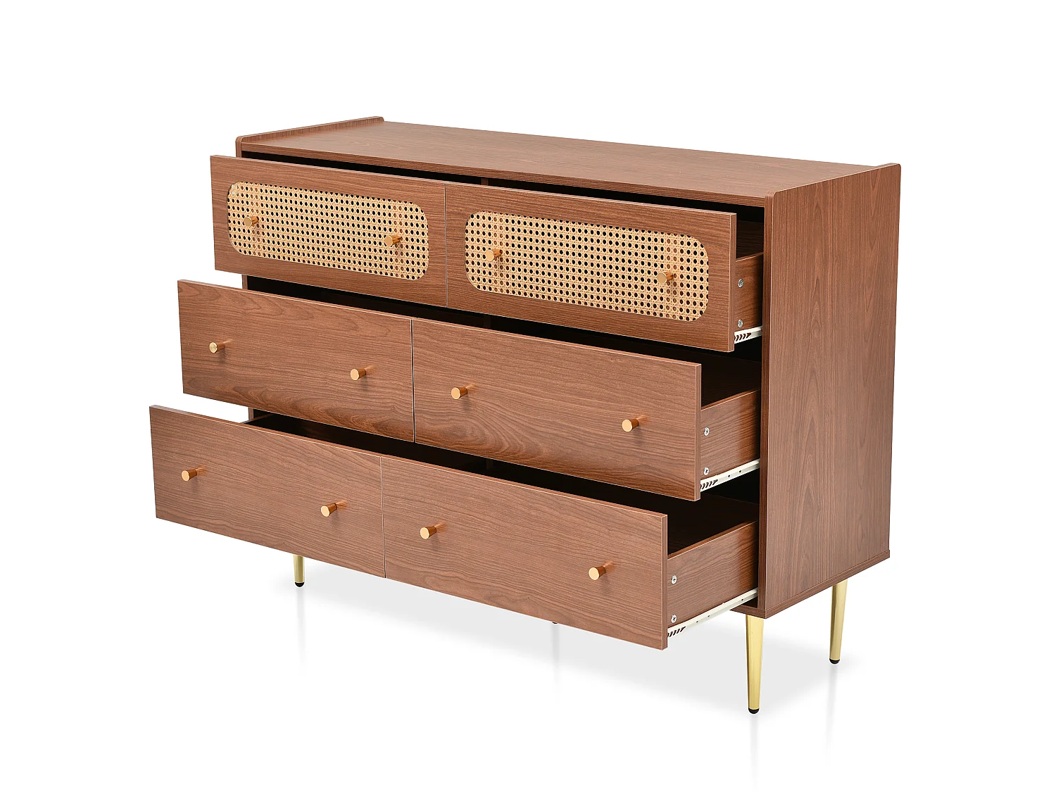 Commode avec 6 tiroirs, buffet, Panneaux de particules + métal + MDF, noyer -H90/L120/P40 cm