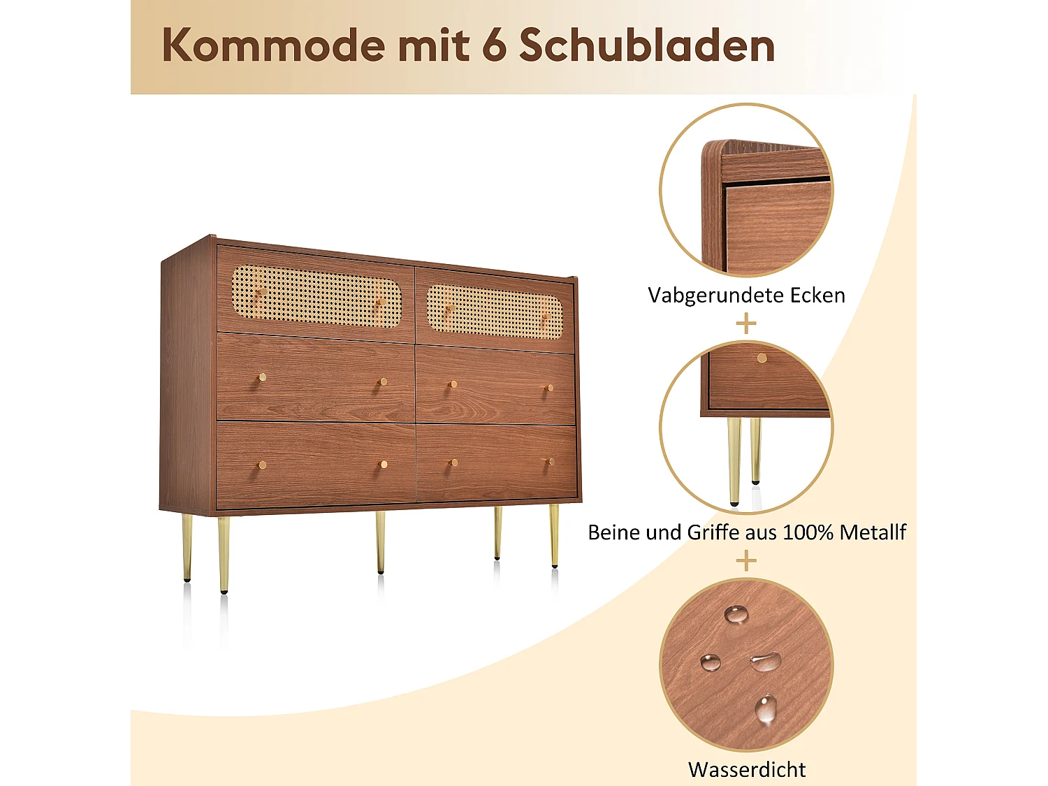 Commode avec 6 tiroirs, buffet, Panneaux de particules + métal + MDF, noyer -H90/L120/P40 cm