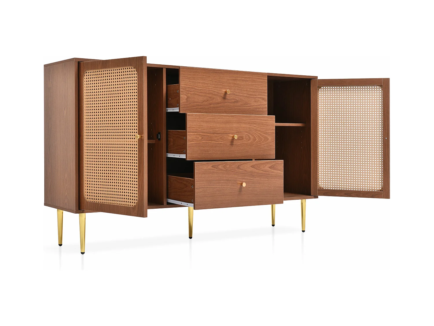 Ladekast met 2 deuren en 3 laden, rotanpatroon, MDF + spaanplaat + metaal, walnootkleur - H90/L150/D40 cm