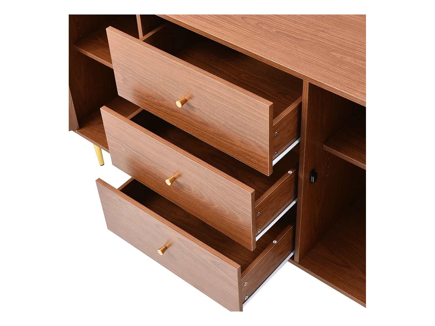 Ladekast met 2 deuren en 3 laden, rotanpatroon, MDF + spaanplaat + metaal, walnootkleur - H90/L150/D40 cm