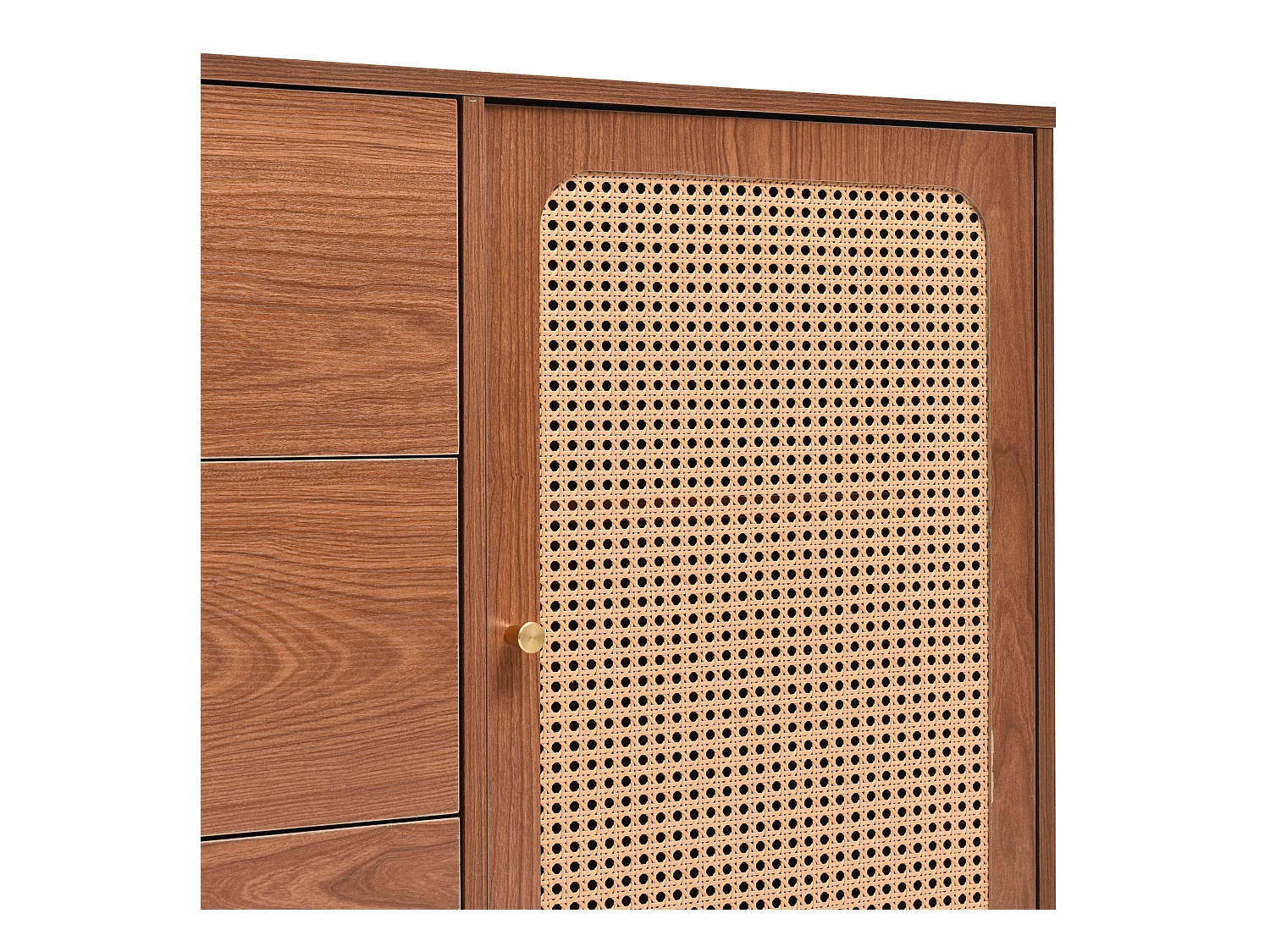 Ladekast met 2 deuren en 3 laden, rotanpatroon, MDF + spaanplaat + metaal, walnootkleur - H90/L150/D40 cm