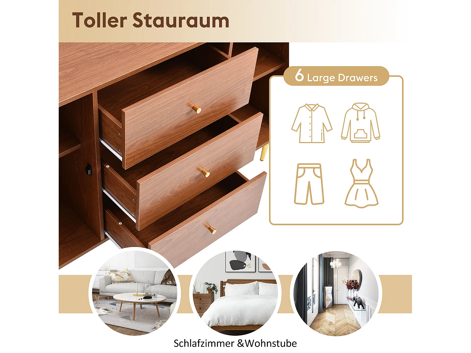 Ladekast met 2 deuren en 3 laden, rotanpatroon, MDF + spaanplaat + metaal, walnootkleur - H90/L150/D40 cm