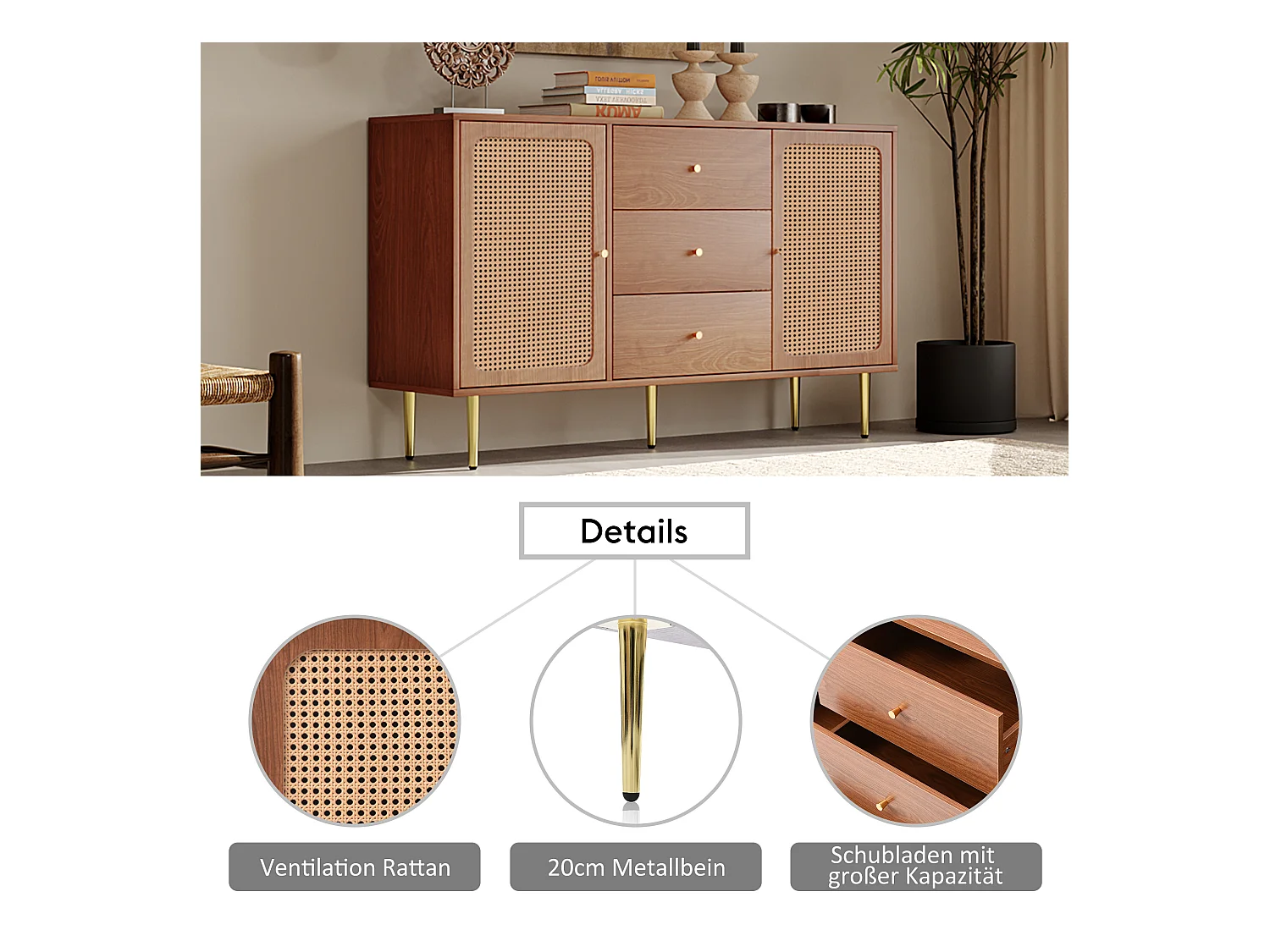 Ladekast met 2 deuren en 3 laden, rotanpatroon, MDF + spaanplaat + metaal, walnootkleur - H90/L150/D40 cm