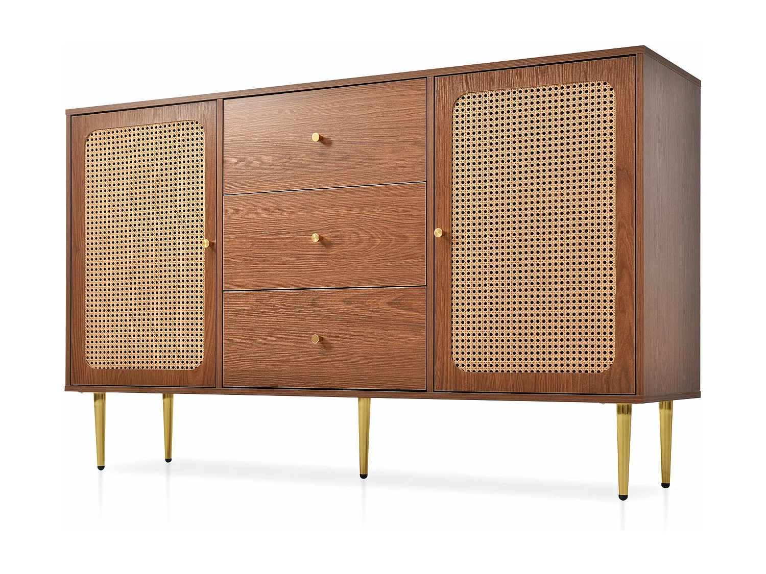 Commode avec 2 portes et 3 tiroirs, motif en rotin, MDF + panneaux de particules + métal, coloris noyer - H90/L150/P40 cm