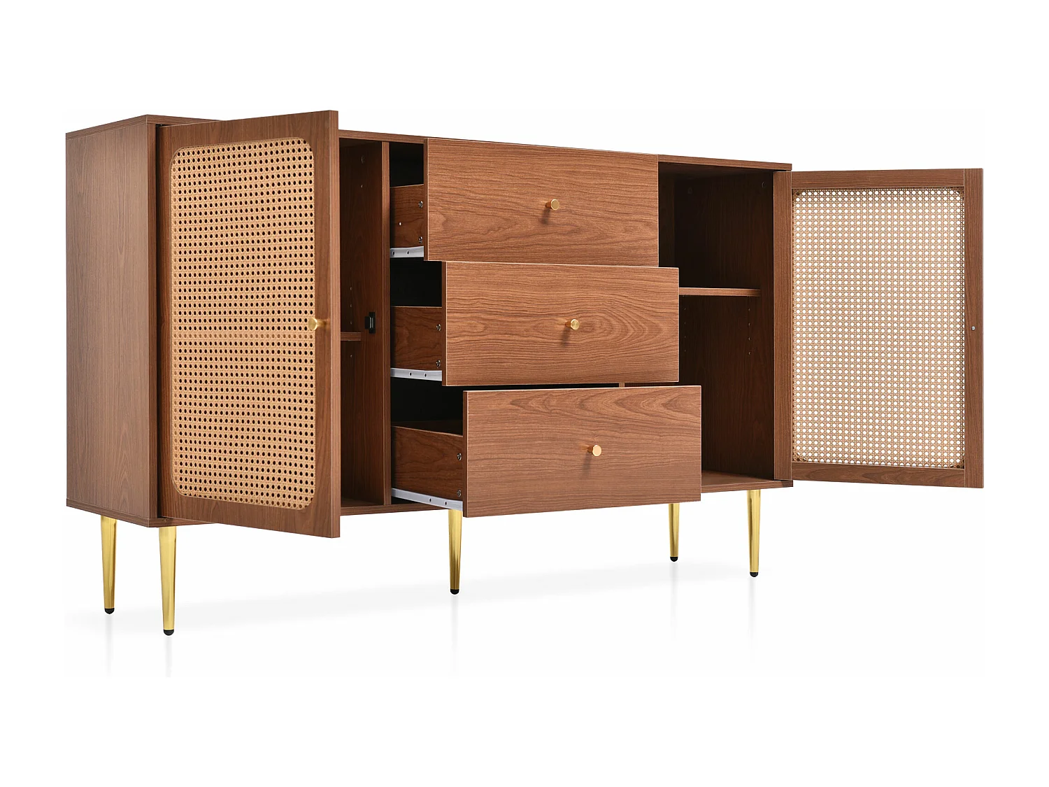 Commode avec 2 portes et 3 tiroirs, motif en rotin, MDF + panneaux de particules + métal, coloris noyer - H90/L150/P40 cm