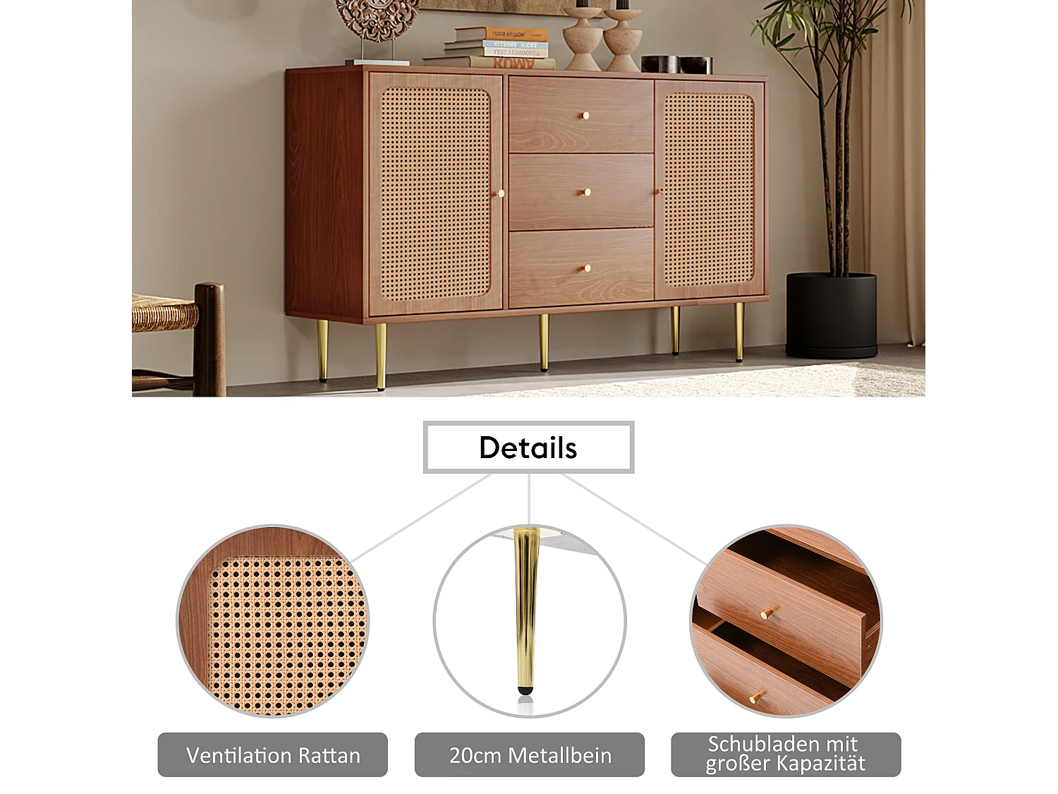 Commode avec 2 portes et 3 tiroirs, motif en rotin, MDF + panneaux de particules + métal, coloris noyer - H90/L150/P40 cm