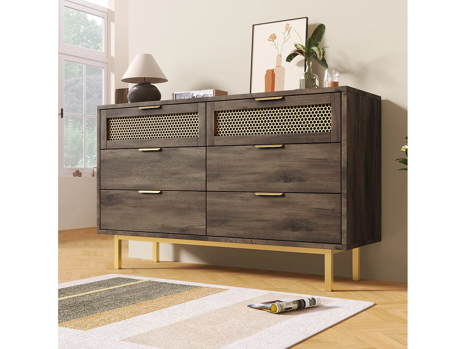 Commode avec 6 tiroirs, 120 x 40 x 76 cm, Panneaux de particules + métal, Marron foncé