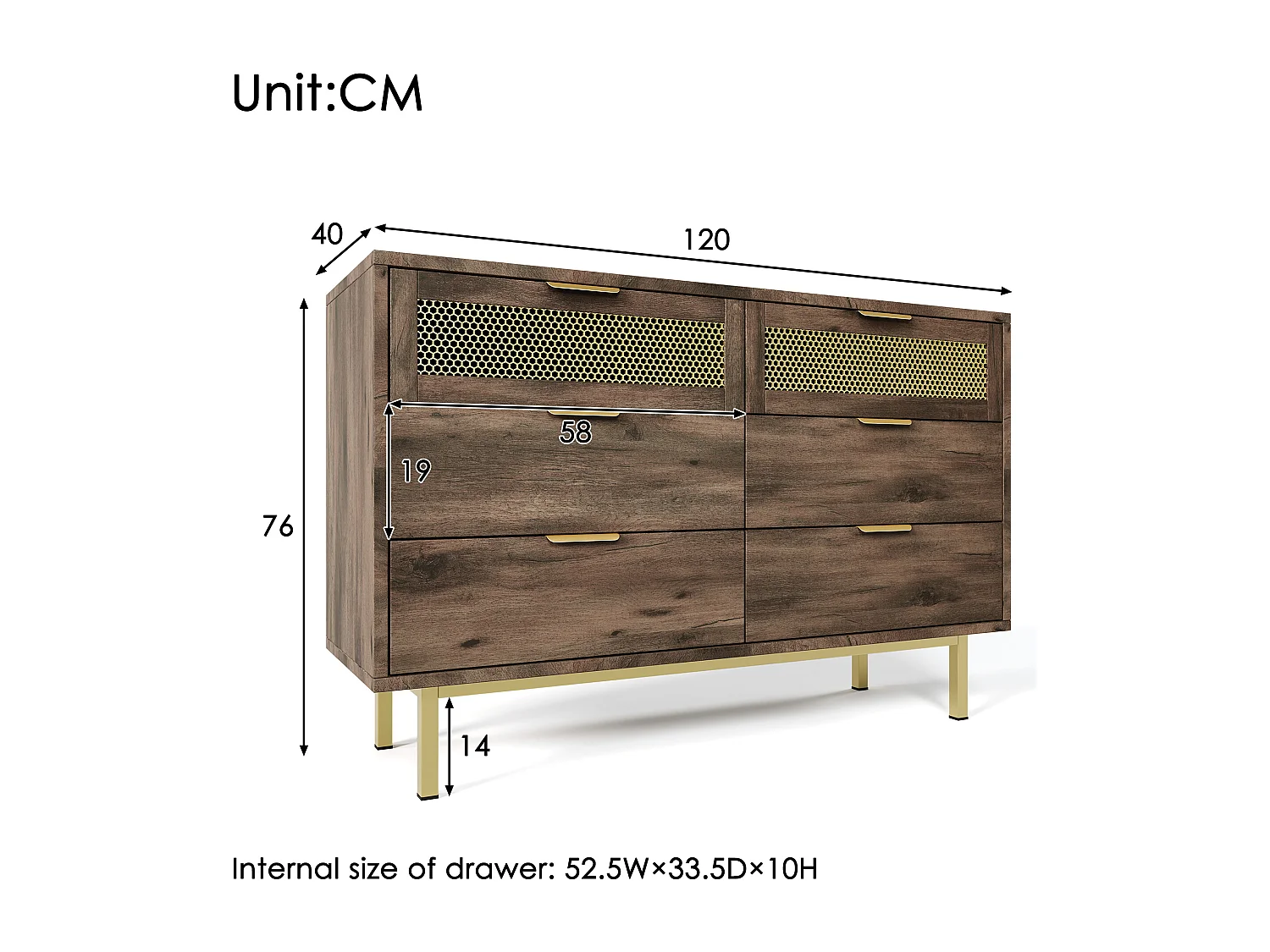 Commode avec 6 tiroirs, 120 x 40 x 76 cm, Panneaux de particules + métal, Marron foncé