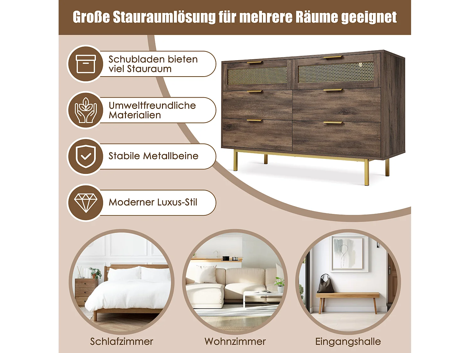 Commode avec 6 tiroirs, 120 x 40 x 76 cm, Panneaux de particules + métal, Marron foncé