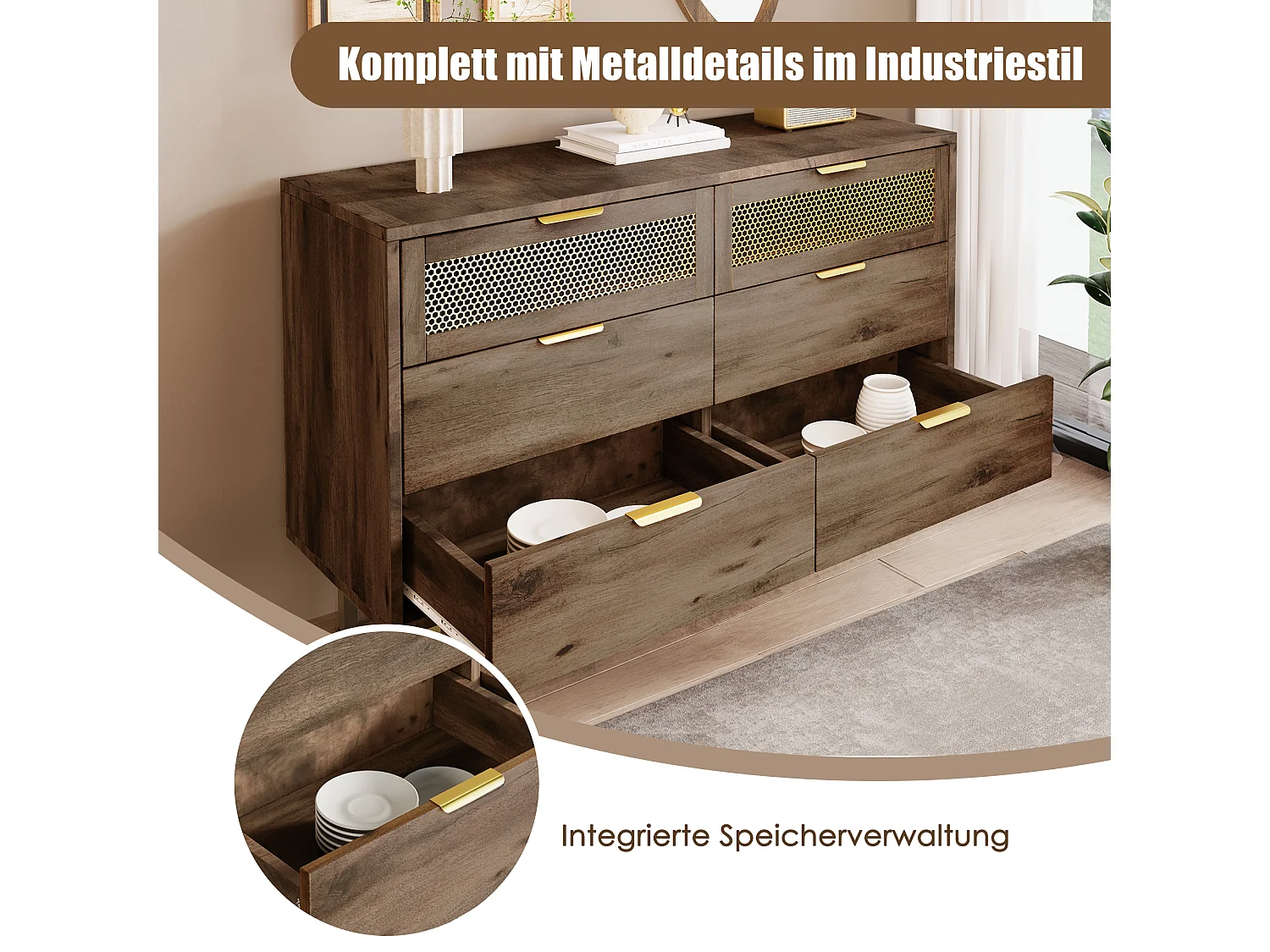 Commode avec 6 tiroirs, 120 x 40 x 76 cm, Panneaux de particules + métal, Marron foncé