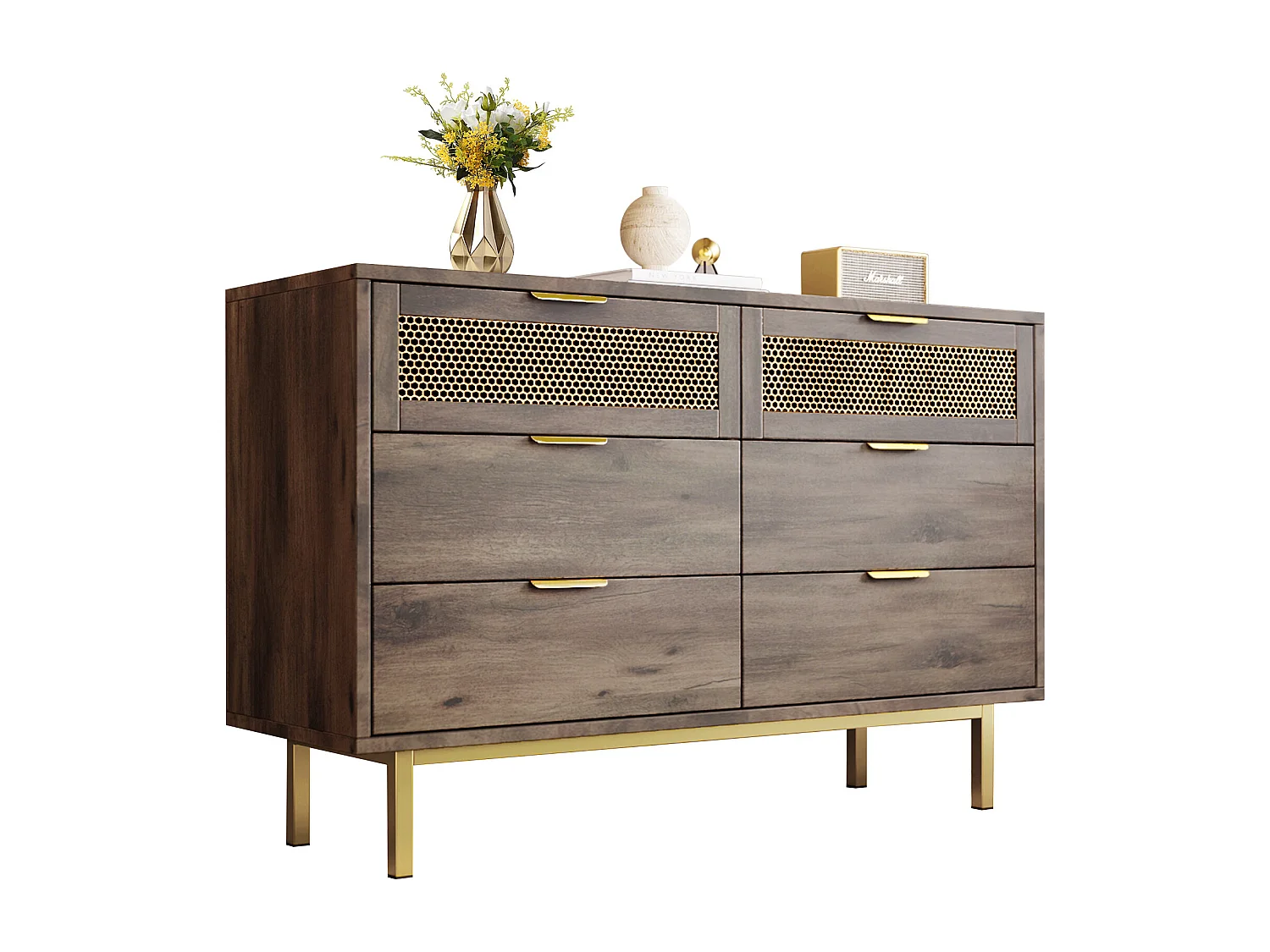 Commode avec 6 tiroirs, 120 x 40 x 76 cm, Panneaux de particules + métal, Marron foncé