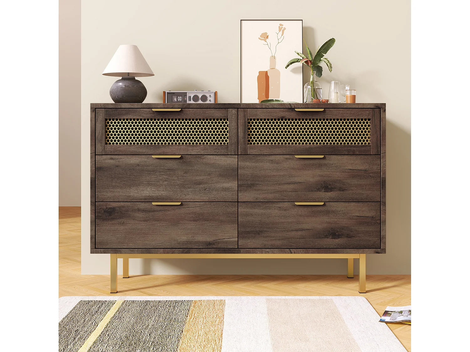 Commode avec 6 tiroirs, 120 x 40 x 76 cm, Panneaux de particules + métal, Marron foncé