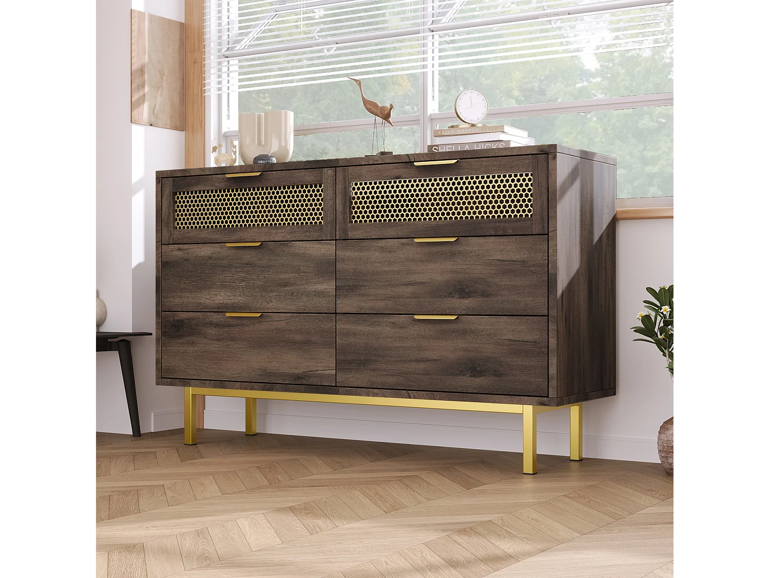 Commode avec 6 tiroirs, 120 x 40 x 76 cm, Panneaux de particules + métal, Marron foncé