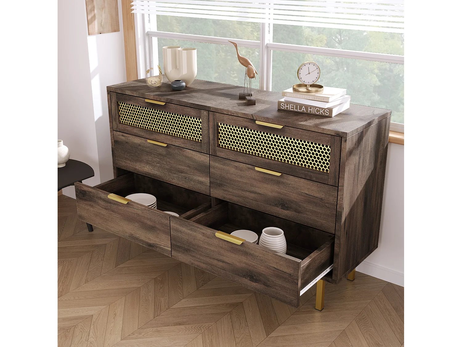 Commode avec 6 tiroirs, 120 x 40 x 76 cm, Panneaux de particules + métal, Marron foncé