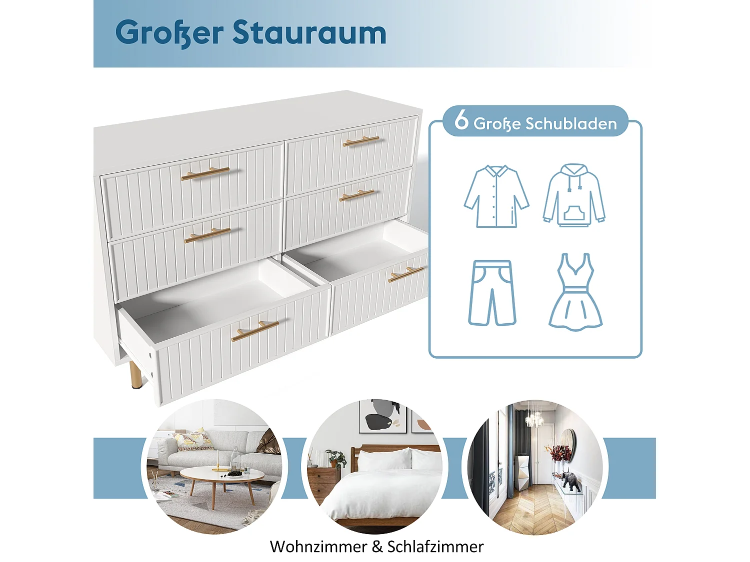 Commode avec 6 tiroirs, 120 x 40 x 75 cm, Panneaux de particules + métal, Motif rayures verticales, Blanc