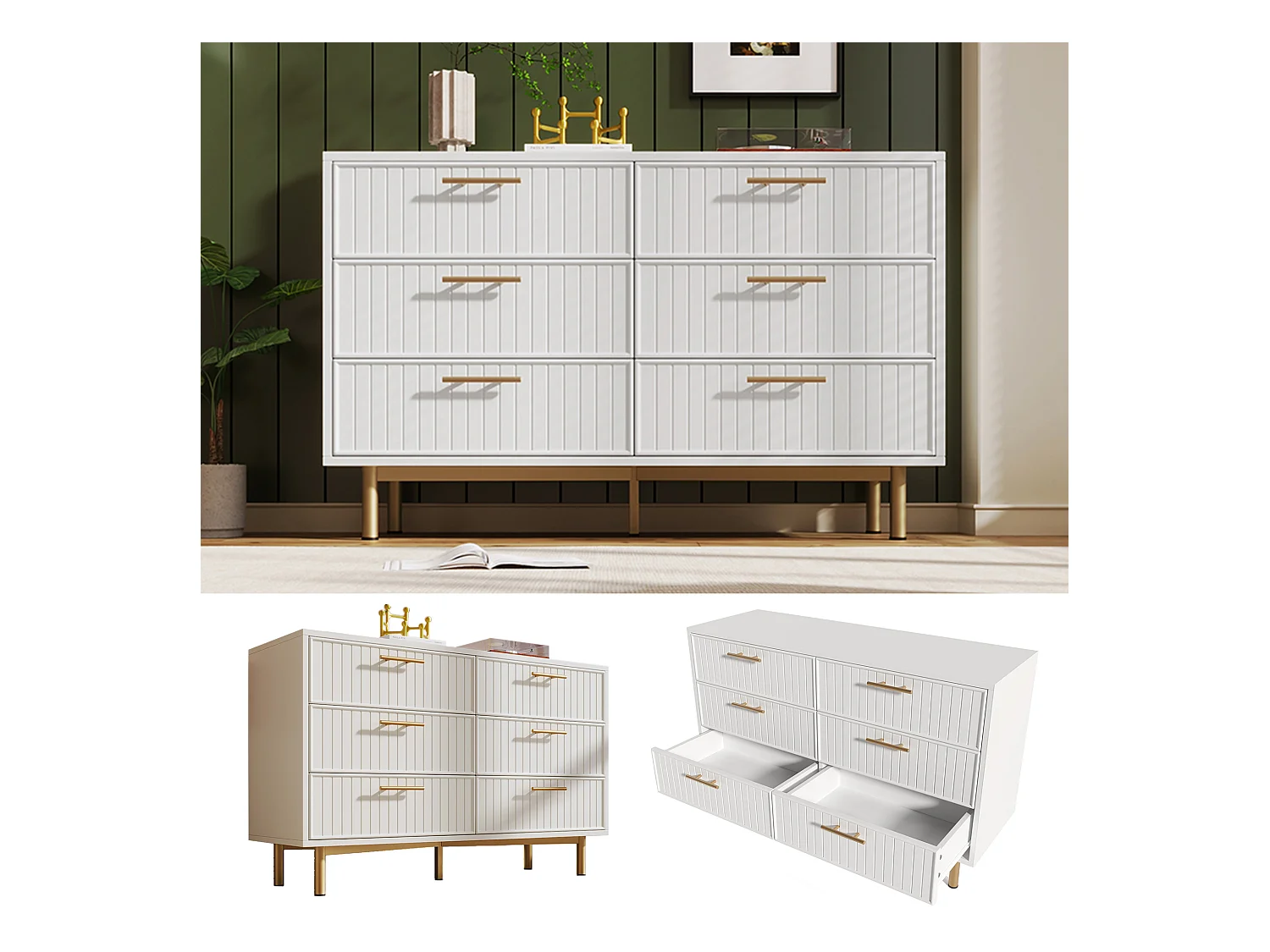 Commode avec 6 tiroirs, 120 x 40 x 75 cm, Panneaux de particules + métal, Motif rayures verticales, Blanc