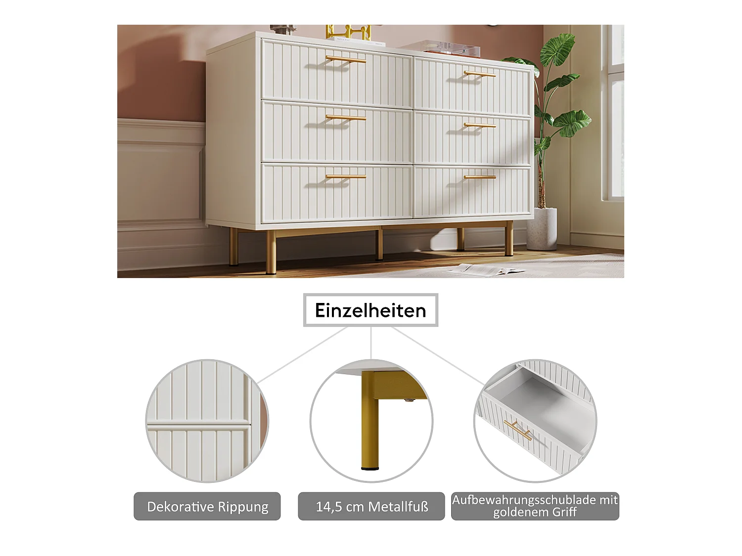 Cassettiera con 6 cassetti, 120 x 40 x 75 cm, Truciolare + metallo, Motivo a strisce verticali, Bianco