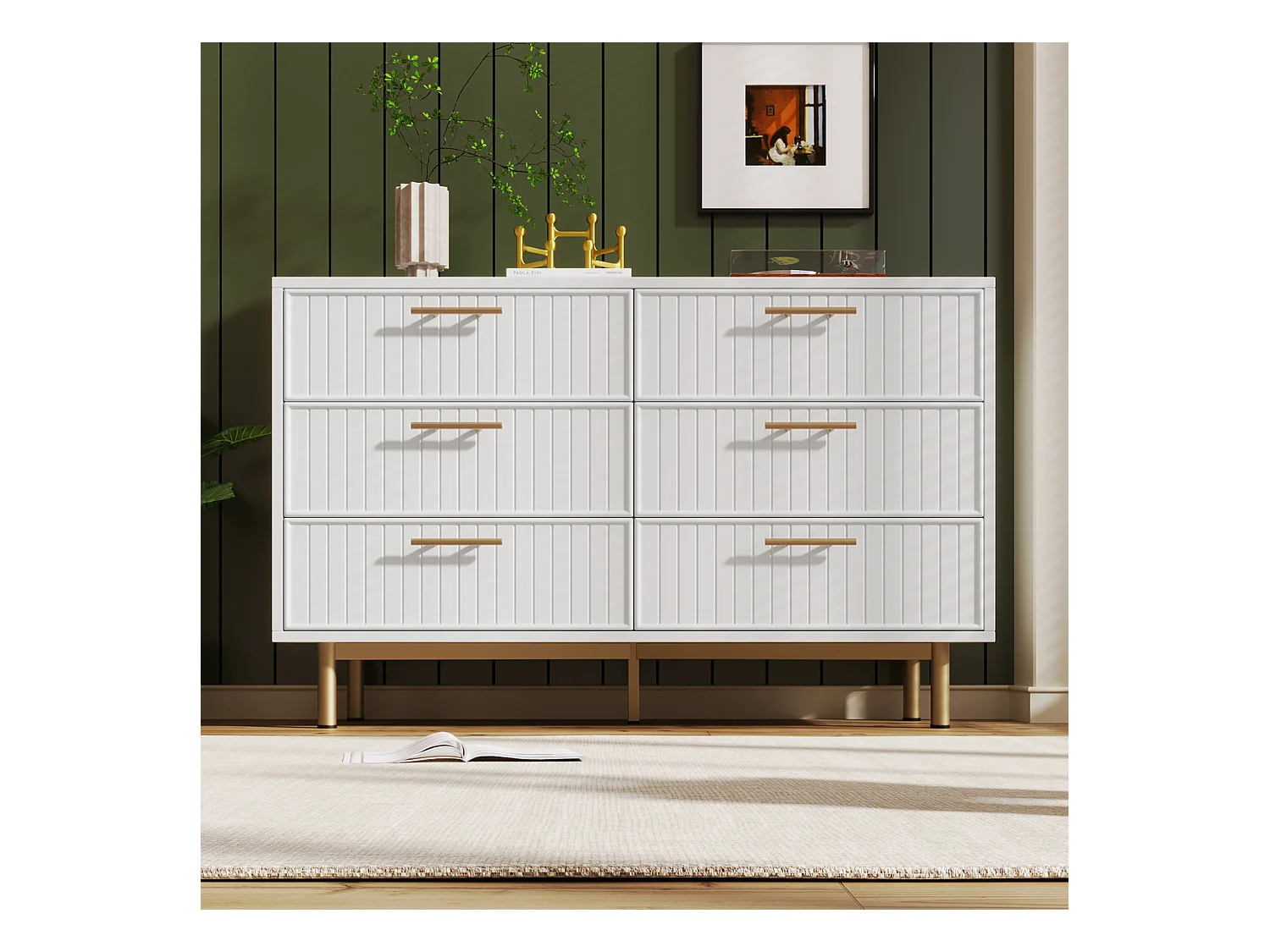 Cassettiera con 6 cassetti, 120 x 40 x 75 cm, Truciolare + metallo, Motivo a strisce verticali, Bianco