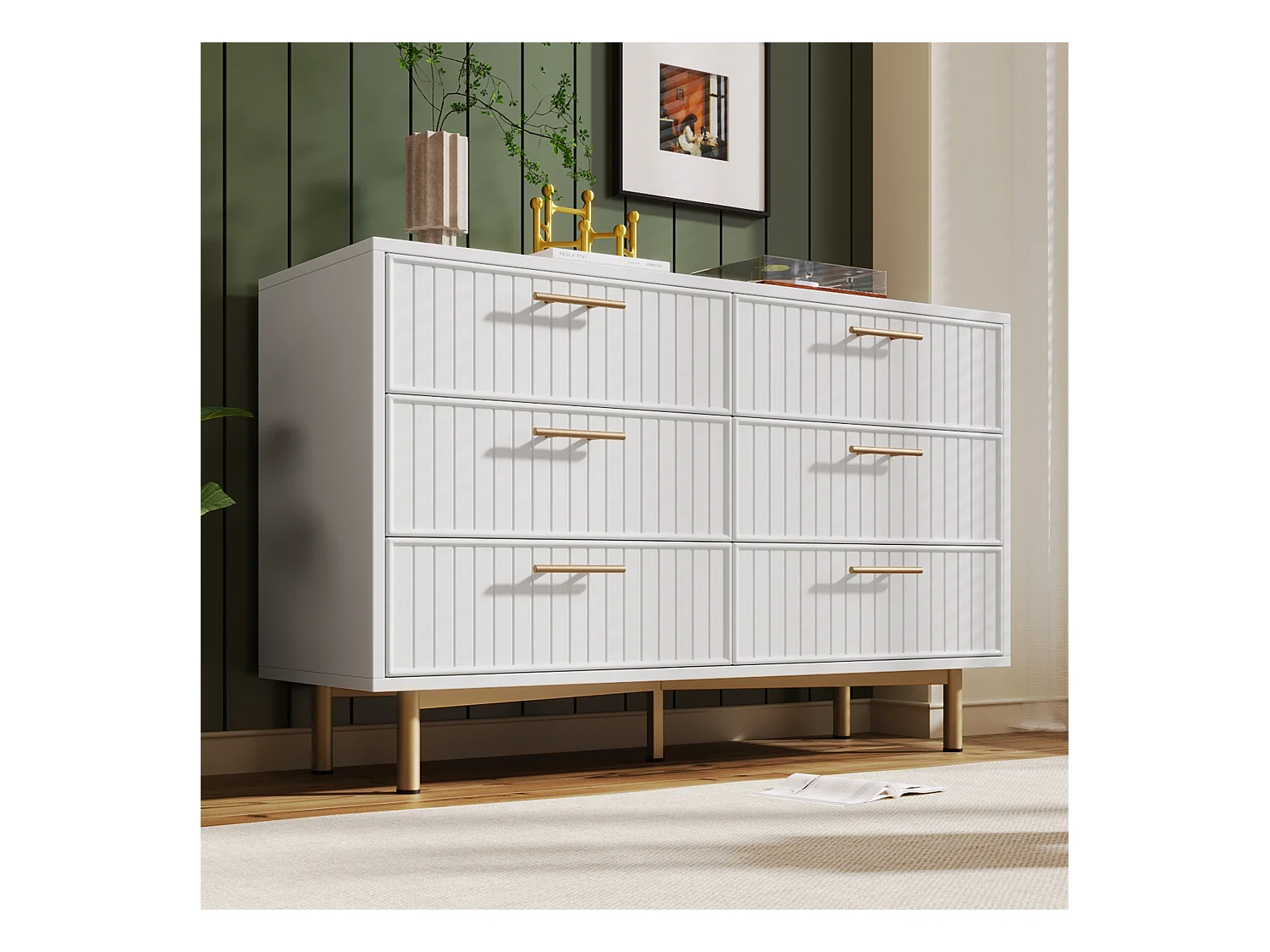 Cassettiera con 6 cassetti, 120 x 40 x 75 cm, Truciolare + metallo, Motivo a strisce verticali, Bianco