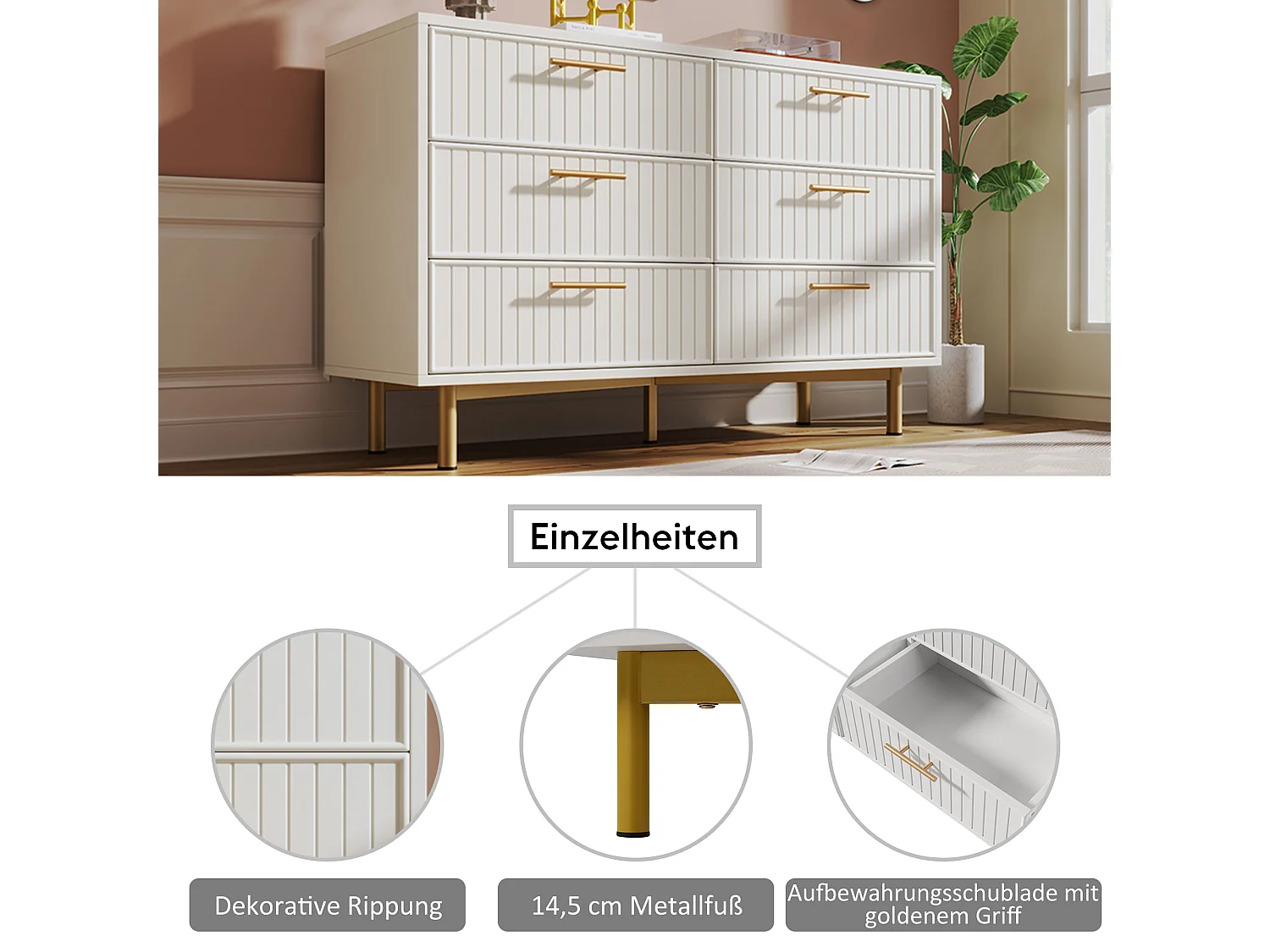 Kommode mit 6 Schubladen, 120 x 40 x 75 cm, Spanplatte + Metall, vertikales Streifenmuster, Weiß