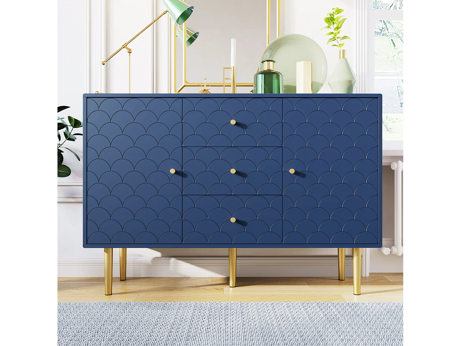 Ladekast met 2 deuren en 3 laden, Verstelbare plank, Massief hout + spaanplaat, Marineblauw - H82/L120/D40 cm