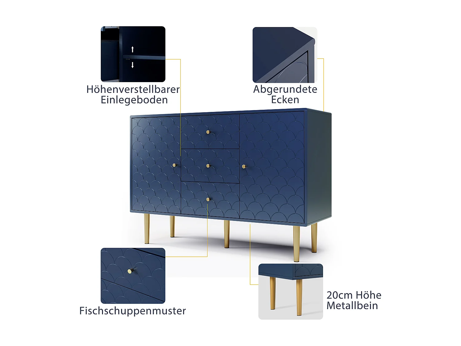 Ladekast met 2 deuren en 3 laden, Verstelbare plank, Massief hout + spaanplaat, Marineblauw - H82/L120/D40 cm