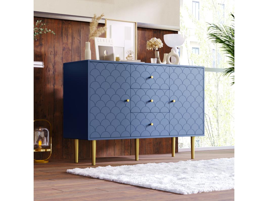 Cómoda con 2 puertas y 3 cajones, Estante ajustable, Madera maciza + tableros de partículas, Azul marino - Al 82/L 120/P 40 cm