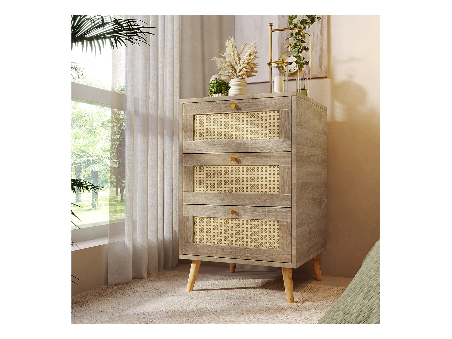 Commode avec 3 tiroirs, Bois massif + rotin osier + panneaux de particules, Chêne, H79,5/L48,6/P48,5 cm