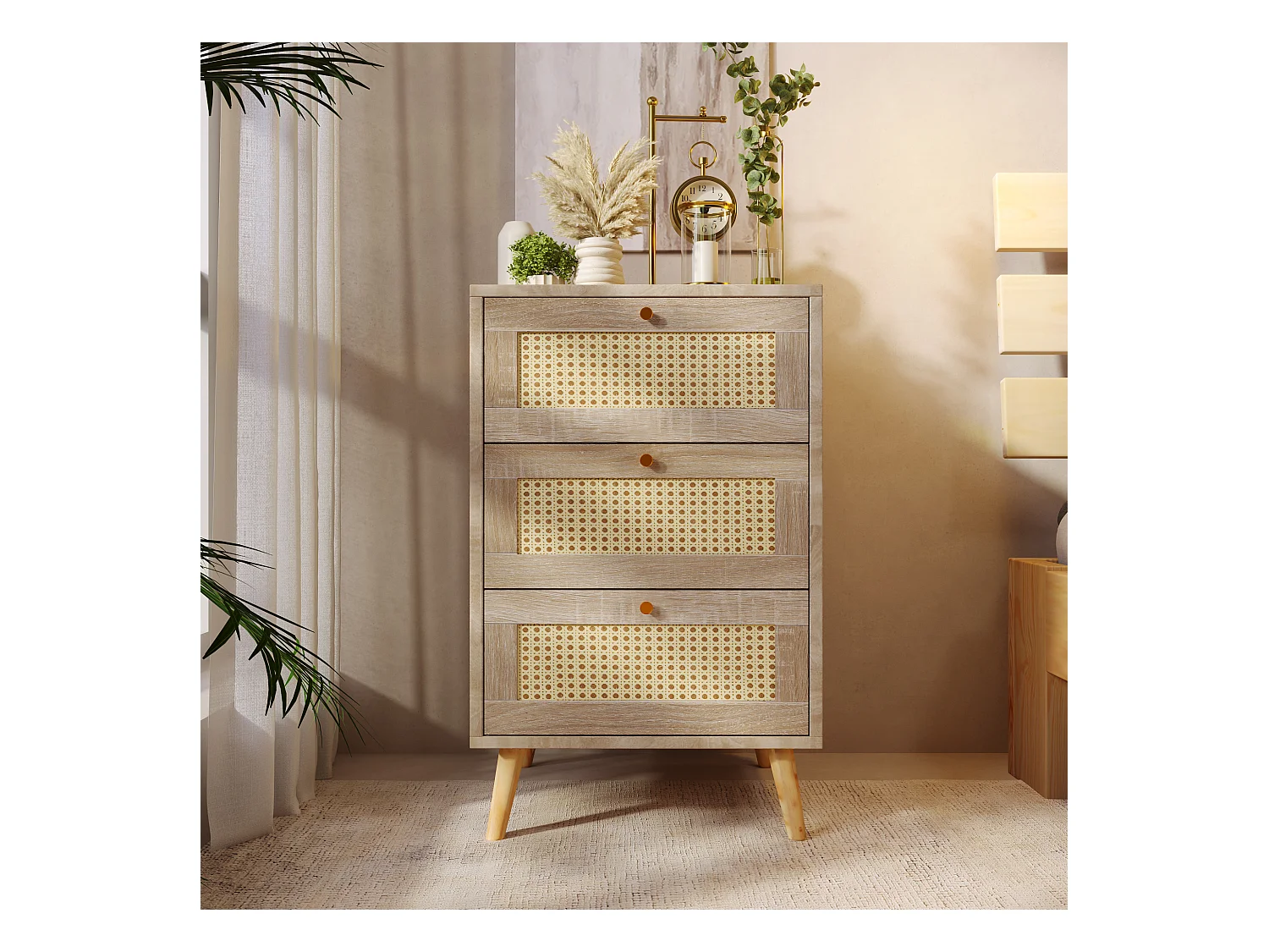 Commode avec 3 tiroirs, Bois massif + rotin osier + panneaux de particules, Chêne, H79,5/L48,6/P48,5 cm
