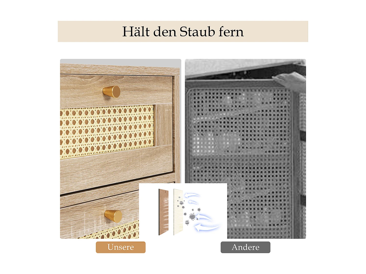 Commode avec 3 tiroirs, Bois massif + rotin osier + panneaux de particules, Chêne, H79,5/L48,6/P48,5 cm