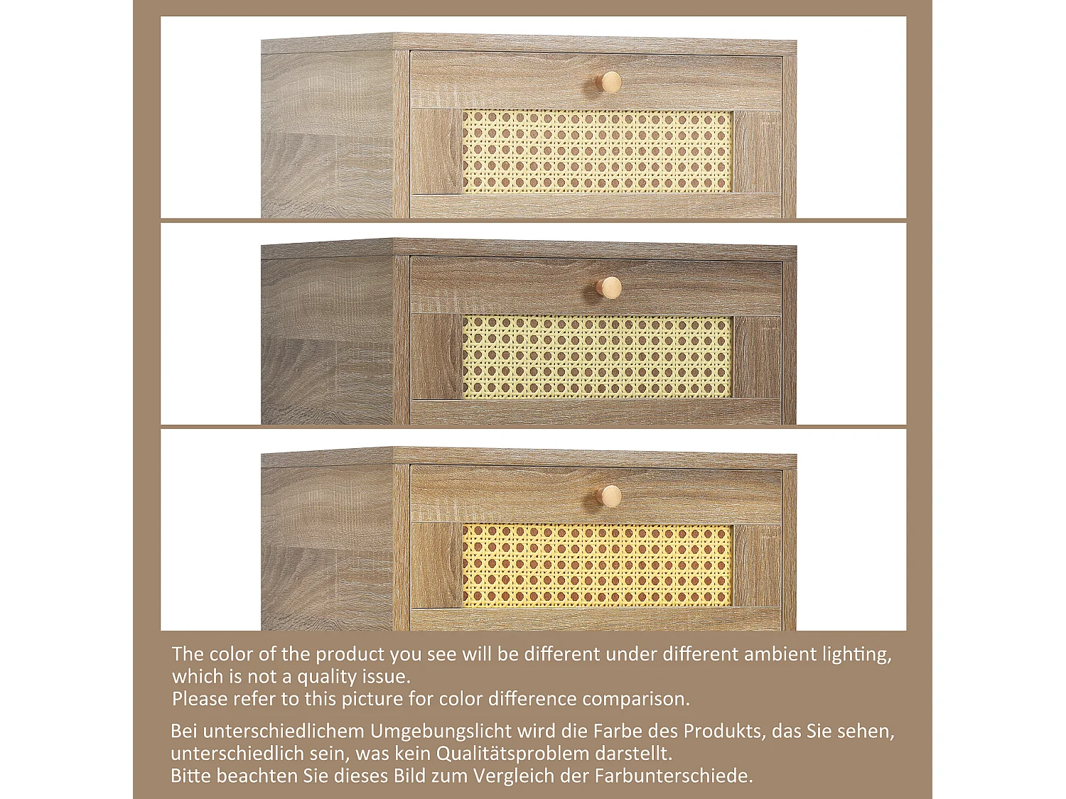 Commode avec 3 tiroirs, Bois massif + rotin osier + panneaux de particules, Chêne, H79,5/L48,6/P48,5 cm