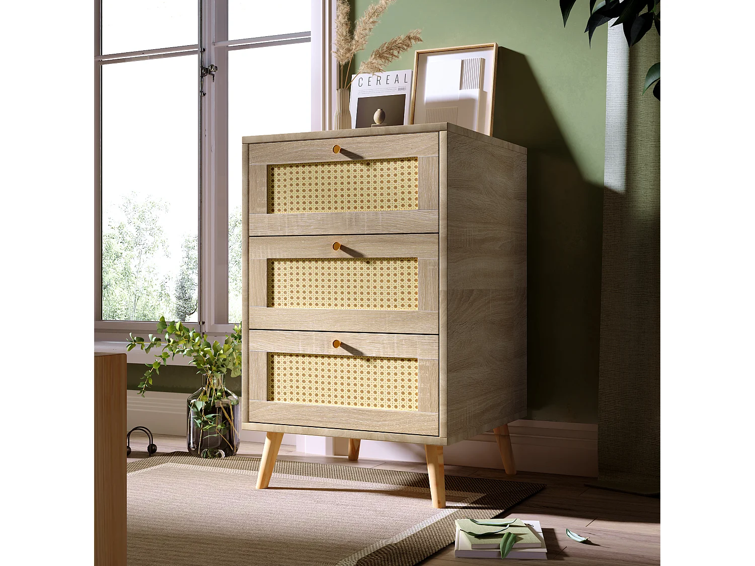 Commode avec 3 tiroirs, Bois massif + rotin osier + panneaux de particules, Chêne, H79,5/L48,6/P48,5 cm