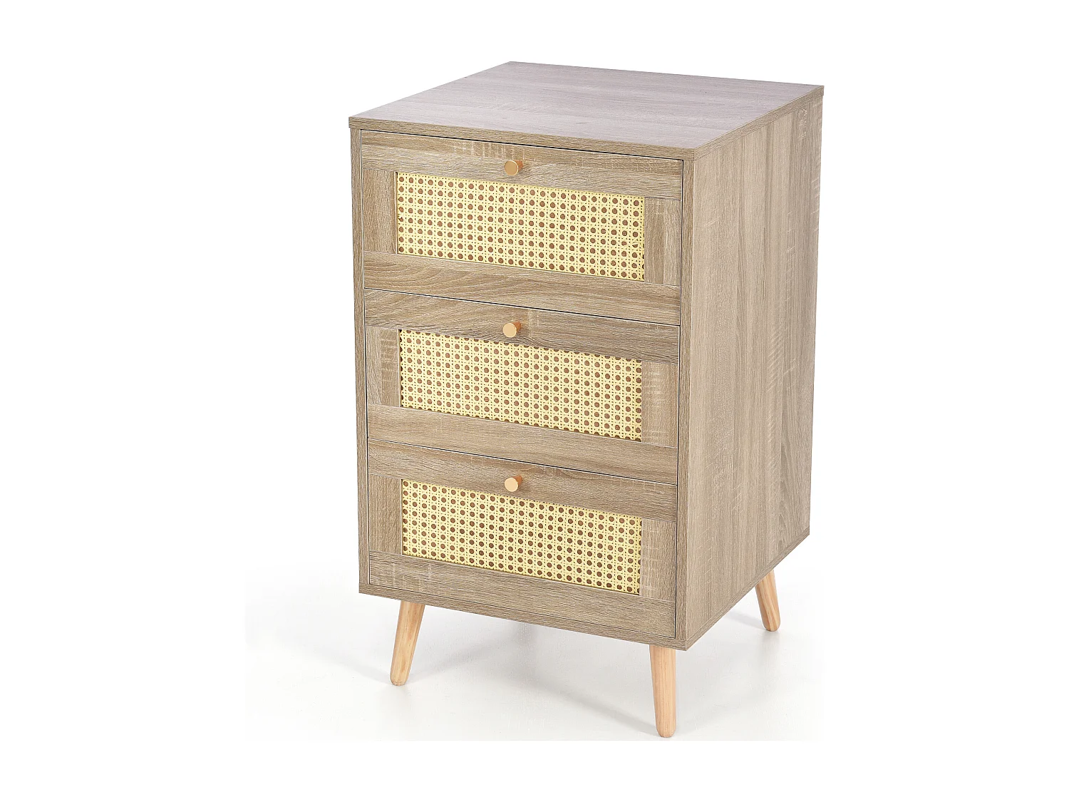 Commode avec 3 tiroirs, Bois massif + rotin osier + panneaux de particules, Chêne, H79,5/L48,6/P48,5 cm