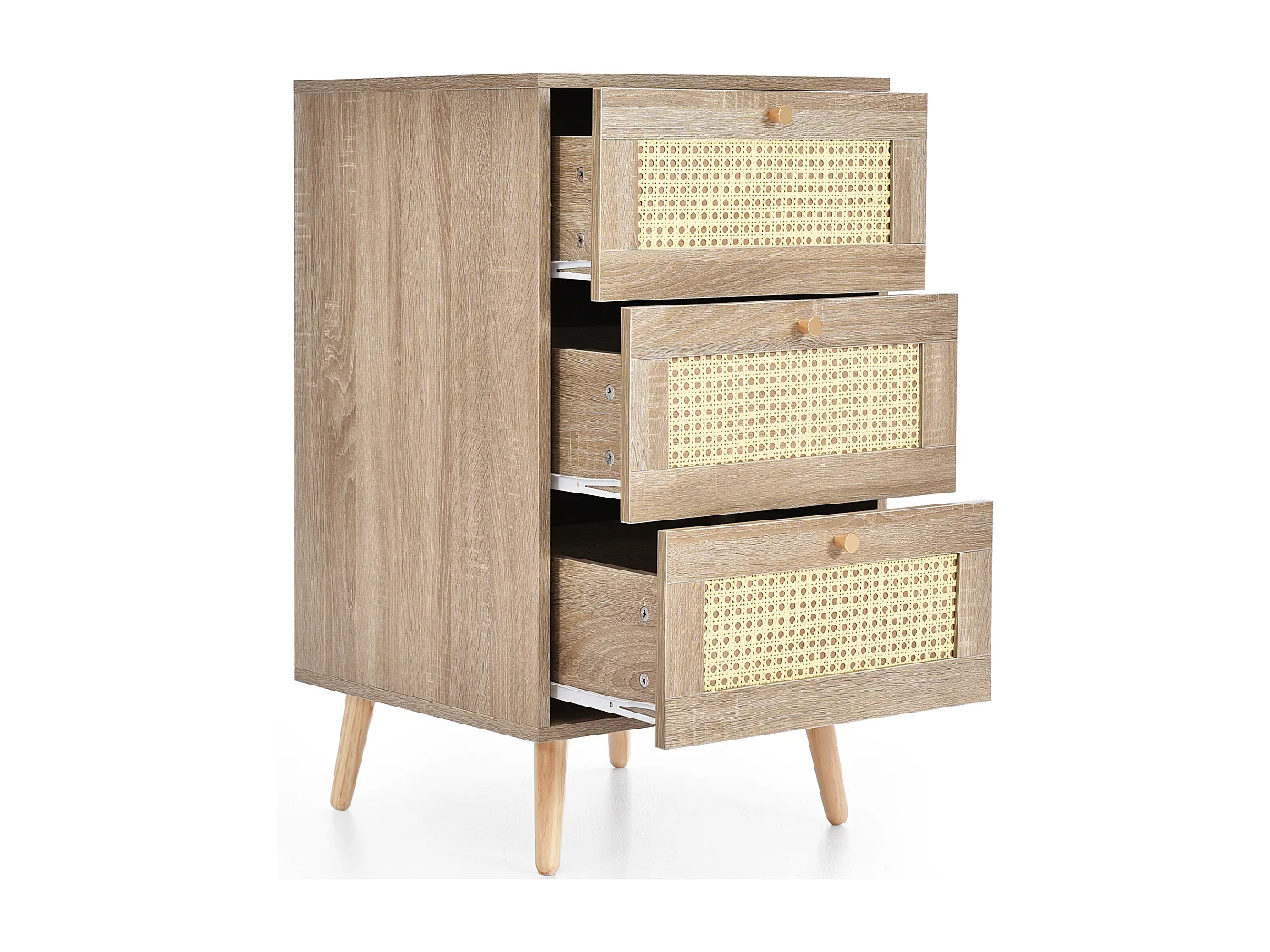 Commode avec 3 tiroirs, Bois massif + rotin osier + panneaux de particules, Chêne, H79,5/L48,6/P48,5 cm