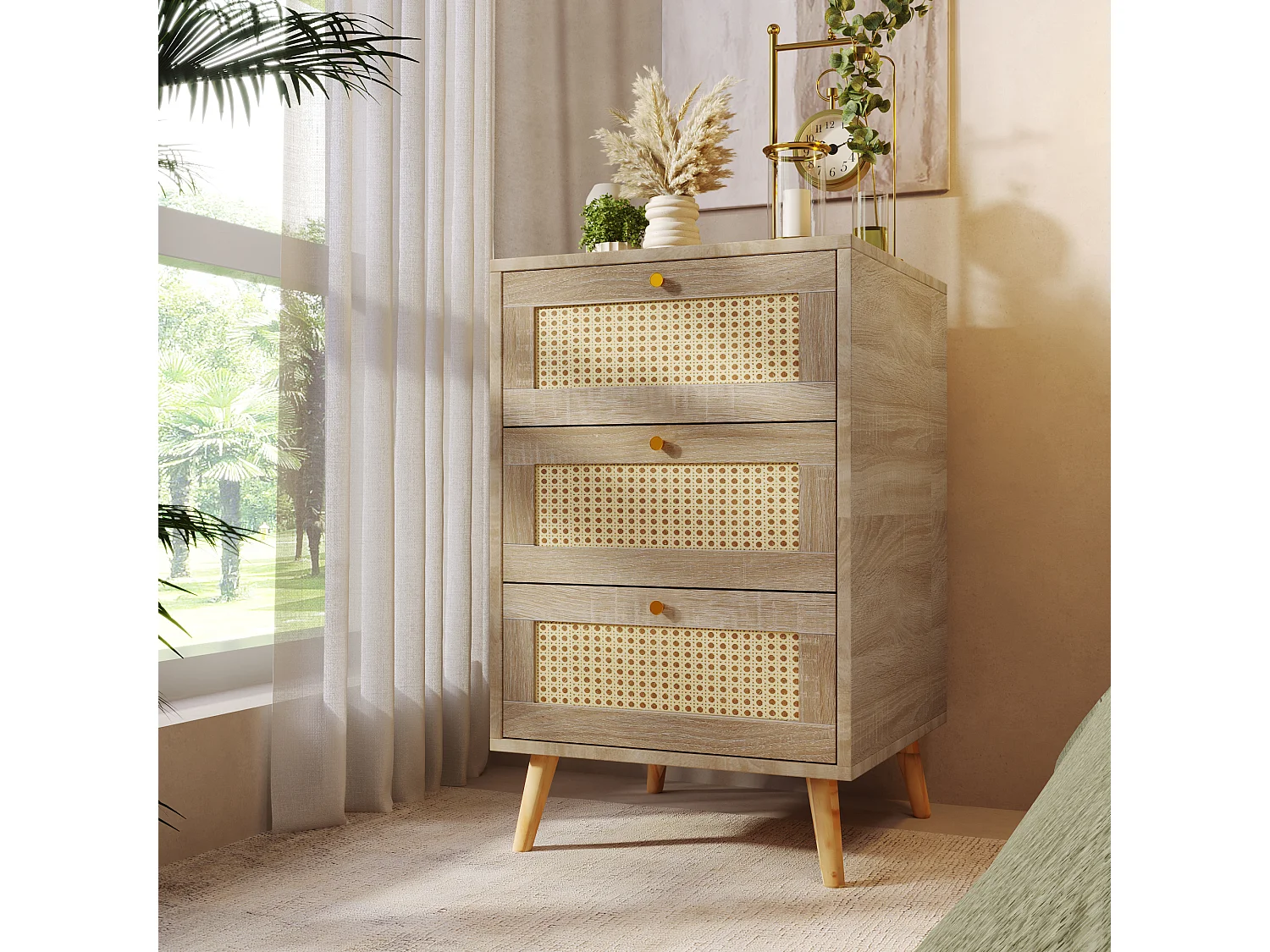 Cômoda com 3 gavetas, Madeira maciça + vime + aglomerado, Carvalho, Alt.79,5/L48,6/D48,5 cm