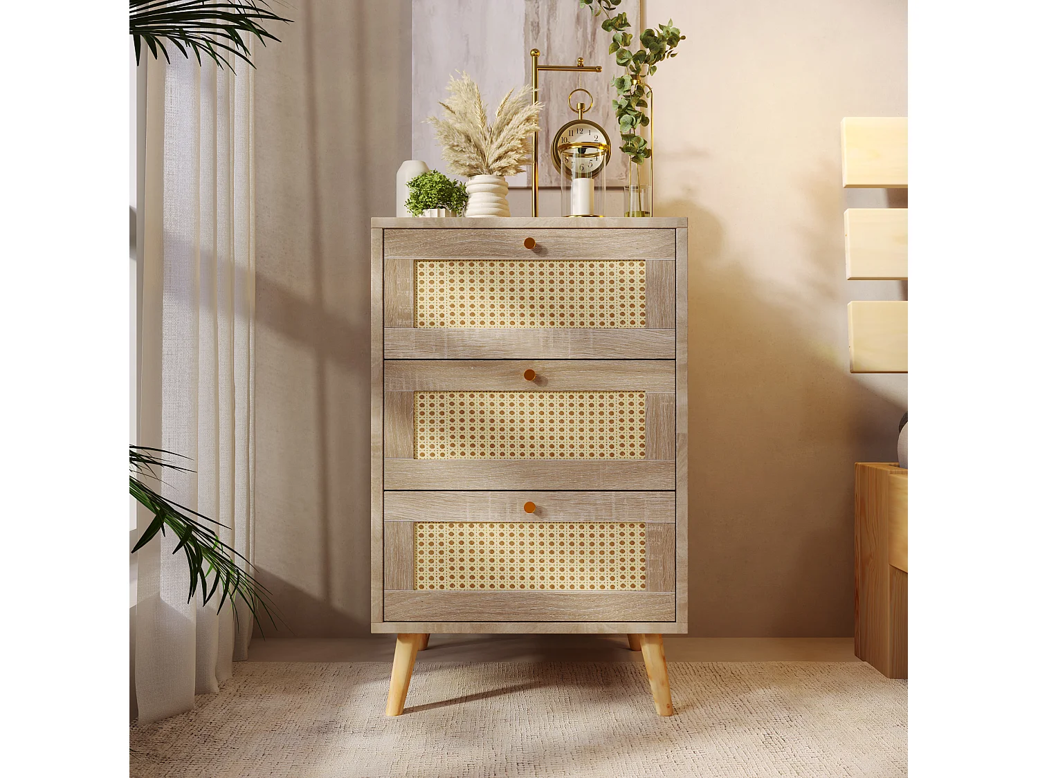 Cômoda com 3 gavetas, Madeira maciça + vime + aglomerado, Carvalho, Alt.79,5/L48,6/D48,5 cm